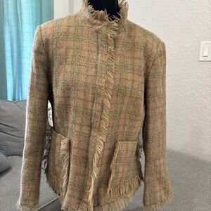 HARVE BERNARD Wool Plaid Blazer Jacket Sz 12 Zip Front Fringe Trim Vintage